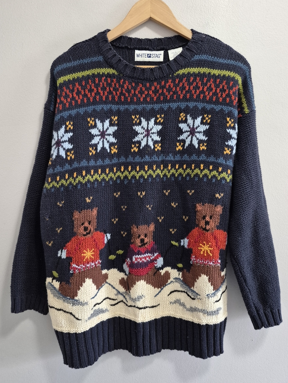 White Stag Vintage Teddy Bears Skiing Snow Intarsia Knit Sweater Large